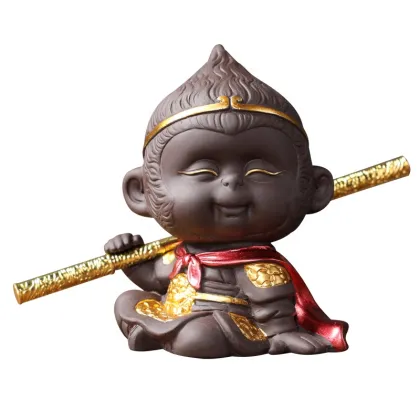 Monkey King Statue Tea Pet Suwukong with Stick - Ceramic Tea Table Decoration