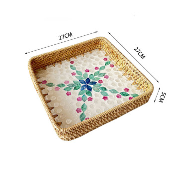 Rattan Square Coffee Mosaic Tea Floral Rustic Boho Fruit Bamboo Serving Tray