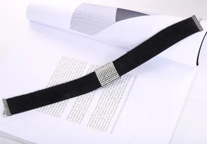 Rhinestone Centre Section Velvet Choker Fur Leather Necklace