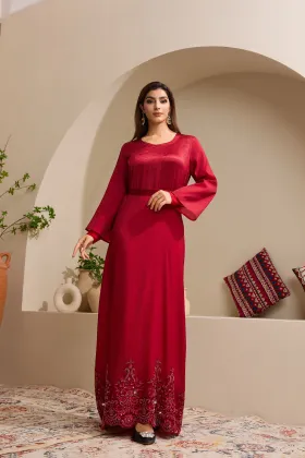 Burgundy Beaded Embroidered Hem Abaya