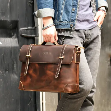 Custom Logo Business Men Leather Laptop Briefcase
