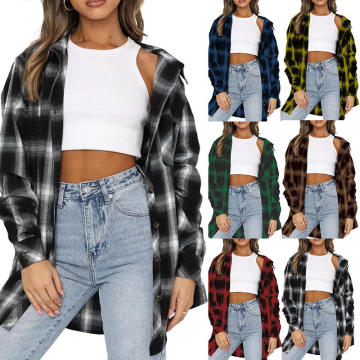2022 Women's Loose Long Sleeve Button Down Plaid Flannel Blouse Shirt