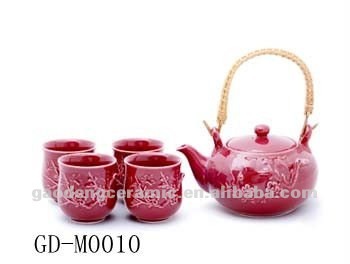 red reactive glazed ceramic tea set with plum blossom painting