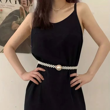 Womens Large Pearl Inlaid Diamond Elastic Belt with Waist Decoration