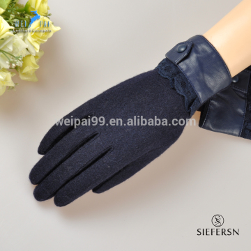 Fashion woolen glove, leather cuff , lace decoration , women winter woolen gloves , kinitted wool , women accossories,