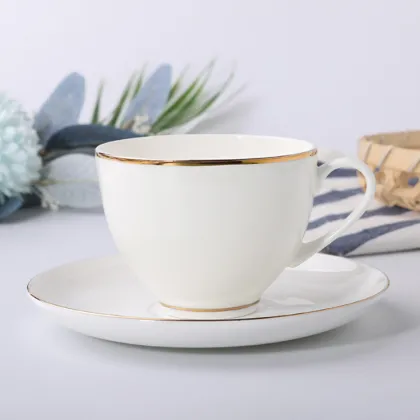 China Supplier Wholesale Bone China Gold Rim Tea Cup and Saucer Set, White Porcelain Coffee Cup and Saucer Set