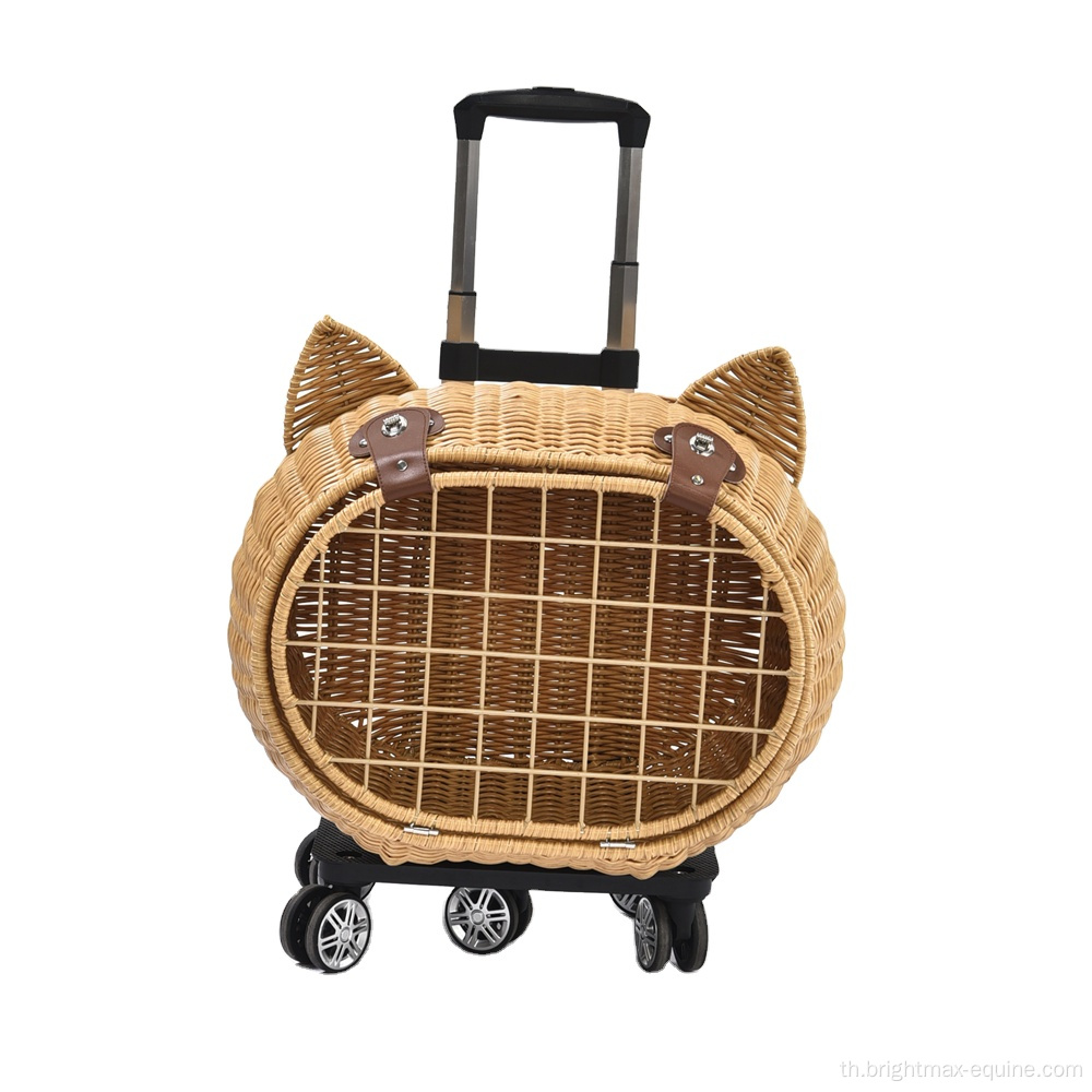 สุนัขสัตว์เลี้ยงสัตว์เลี้ยงที่หรูหรากระเป๋าเดินทางกระเป๋า Rattan Wicker บนล้อรถเข็นเด็กรถเข็นเด็กรถเข็น
