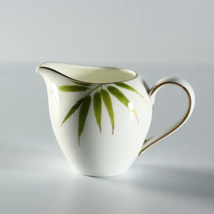 Oriental Green Bamboo Decal Porcelain Coffee & Tea Cup Set - 15pcs Dinnerware