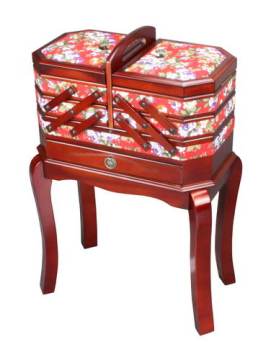 Standing Wooden Sewing Basket with Tapestry Decoration