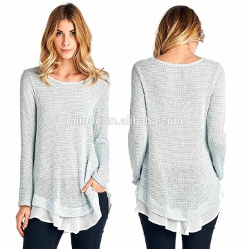 Women Solid Long Knit Chiffon Hem Tunic Top