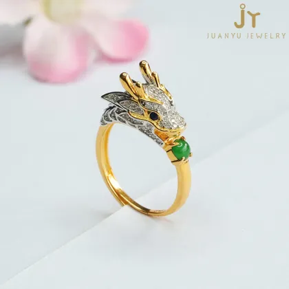 Golden Plated S925 Silver Dragon-Shaped Jadeite Rings with Green Myanmar and Natural Burma Jade