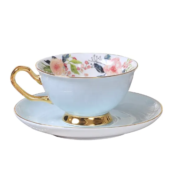 Wholesale Golden Handle Coffee, Tea Cup & Saucer Sets in Bone China with Customizable Box & Logo for European Parties (250ml)
