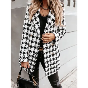 2021 Winter lady fashionable temperament commuter plaid medium length printed women's jacket women's fashion clothing
