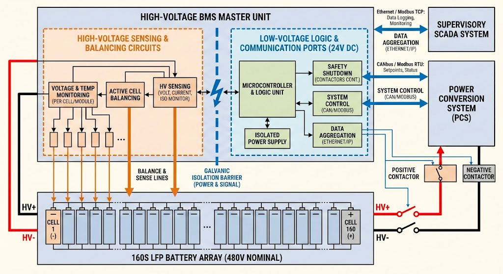 High-Voltage BMS Master Unit Architecture for 160S LFP Battery Array, showing galvanic isolation barrier between HV sensing and LV logic, connected to PCS and SCADA via CANbus and Ethernet.