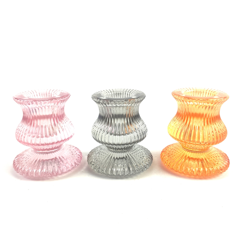 Hand Pressed Small Glass Taper Candle Holder With Ribbed, High Quality