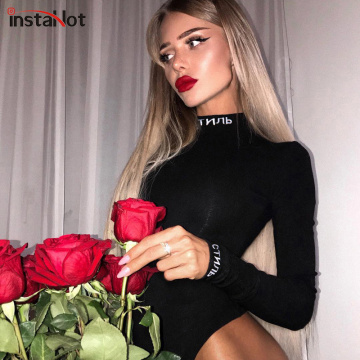 InstaHot Cotton Turtleneck Letter Print Bodysuits Women Autumn Sexy Long Sleeve Playsuits Black Bodycon Tops Female Solid Style