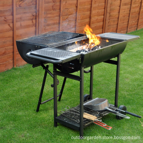 F16 Double-side Deformation Outdoor Barrel Garden Trolley Charcoal BBQ Grills with Double Side Shelf and Bottom Shelf