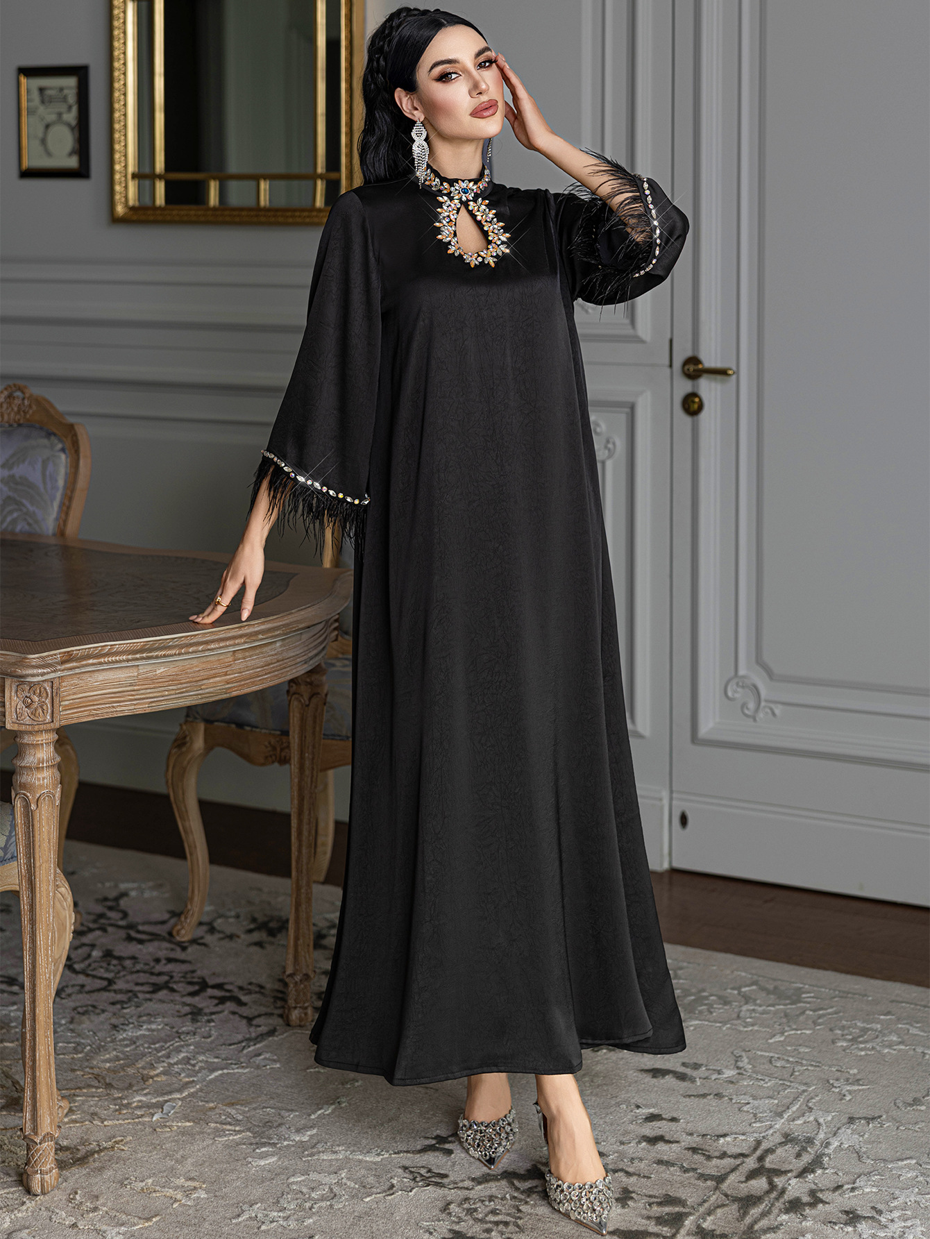 Black Feather Satin Abaya Dress Detail