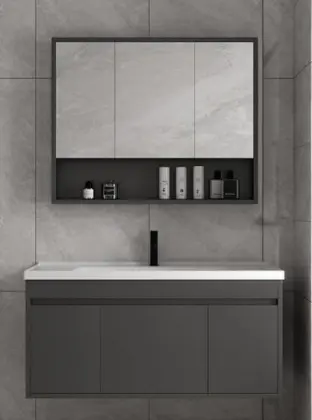 Corner Mounted Simple Modern Solid Wood Bathroom Cabinet with Integrated Ceramic Basin