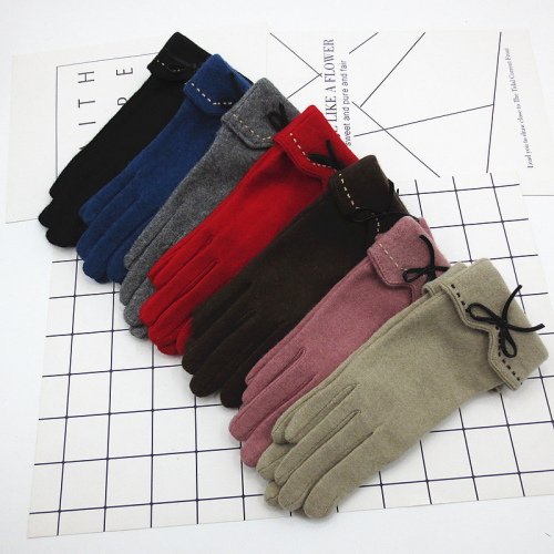 Fashion Elegant Female Wool Touch Screen Gloves Winter Women Warm Cashmere Full Finger Bow Dotted embroidery warm mittens glove