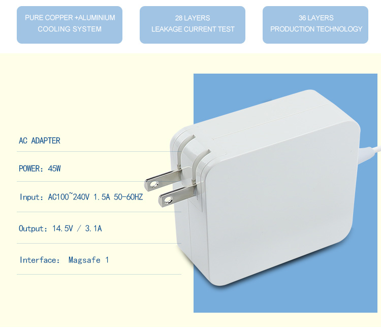 45w L tip wall charger for apple laptop computer