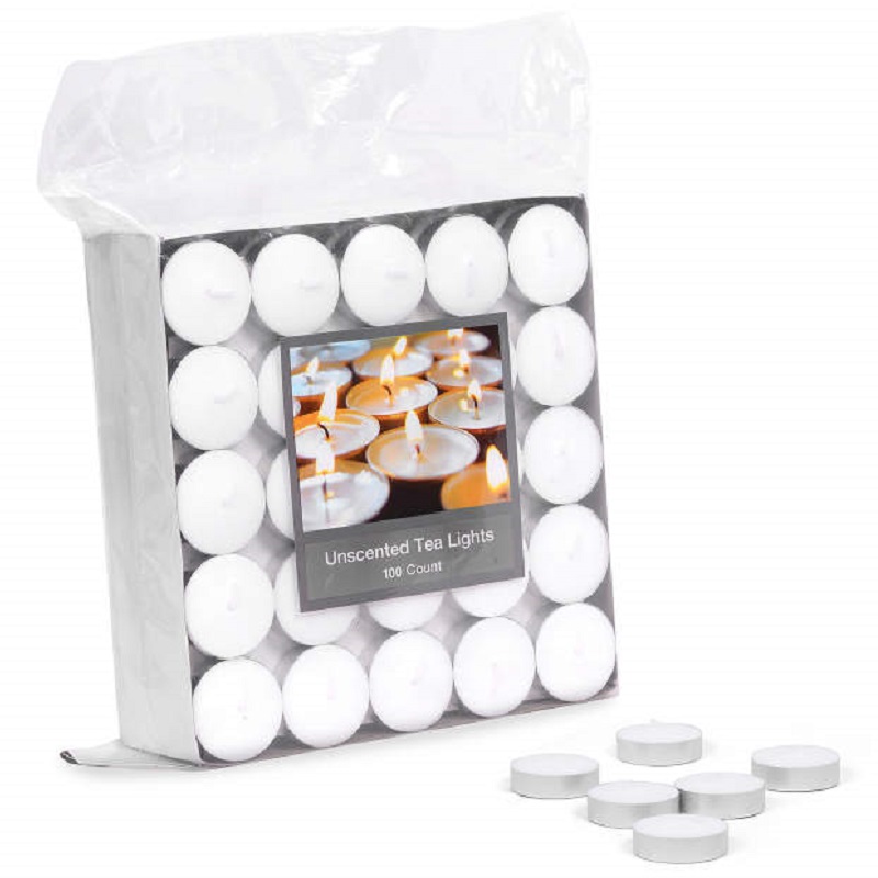 Unscented Tealights 100 Pack Candles Next To Package