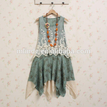 Sweet Girls Clothing Korean Style Fashion Vintage Sleeveless Lace Linen Asymmetric-Hem Dress American Apparel Wholesale