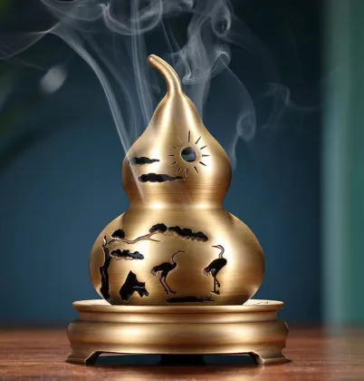 Vintage Calabash Gourd Shaped Metal Incense Holder and Coil Incense Stand