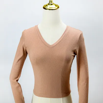 Popular long-sleeved V-neck cotton T-shirt