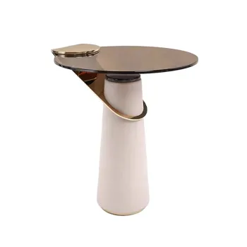 White Leather and Glass Top Round Side Tables for Modern Living Rooms