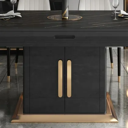 Extendable Round Folding Stainless Steel Tempered Glass Dining Table with Induction Cooker