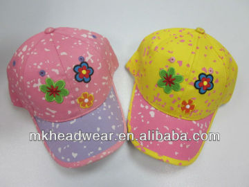 Kids 100% cotton six panel sport cap with flower embroidery and dot printing