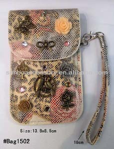 fashion pu leather tote cell phone bag phone bag mobile phone bag with bird/butterfly and rose applique