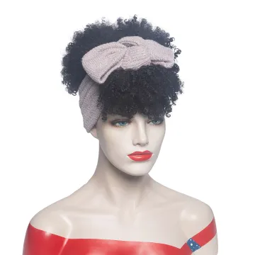 Short Afro Kinky Curly Headband Wig With Bangs Puff Wigs For Black Women Head Drawstring Wrap Scarf Wigs Synthetic Fiber Hair