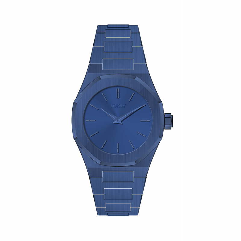 Blue dial and case quartz thin watch