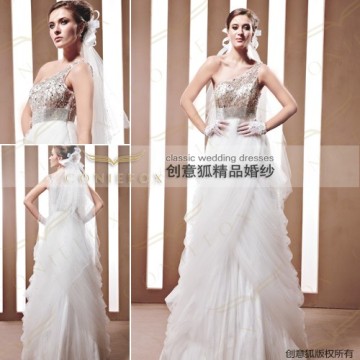 stylist white bridal dresses,one shoulder shiny bridal dresses