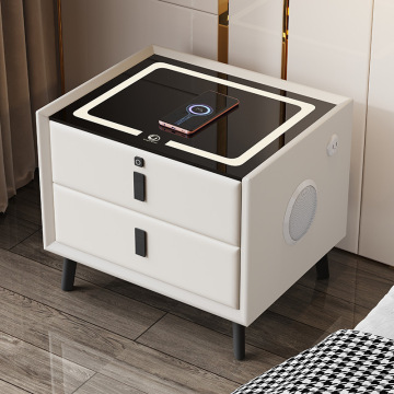 Luxury Smart Bedside Table with Leather Finish, Two Drawers, Wireless Charging, and Fingerprint Security