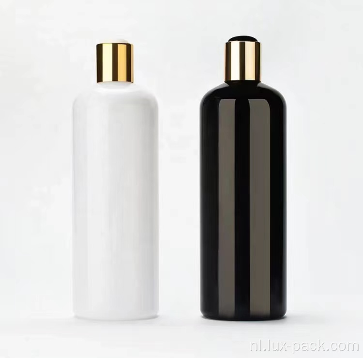 Groothandel op maat gemaakte lege shampoo huisdier plastic fles met gouden zwarte witte schijf bovenste dop