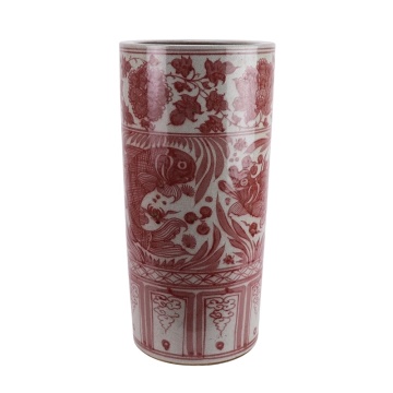 Hand-Painted Fish and Alga Pattern Underglazed Red Ceramic Floor Flower Pot Umbrella Stand