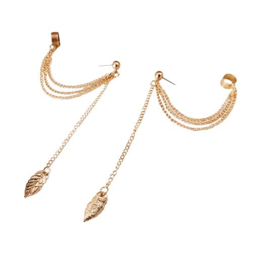 Vintage Earring Women Silver Gold Leaf Ear Cuff Earrings with Long Chain Jewelry Simple Leaf Tassel Ear Crawler Climber Stud