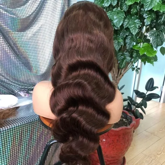 250% Density 4# Brown Color Water Wave Virgin Indian Human Hair Lace Front Wig