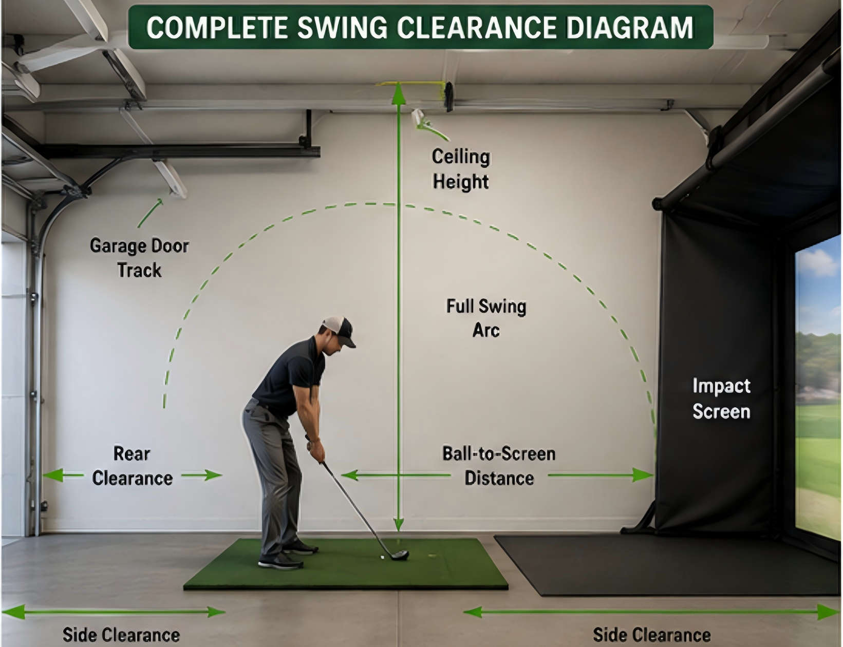 Golf swing clearance envelope inside a garage simulator