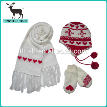popular jacquard knitted set gloves scarf & hat ,hat with earmuff ,lovely pattern