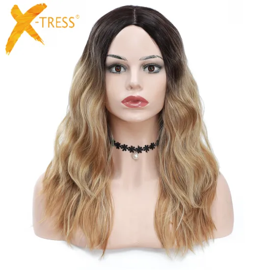X-TRESS 20 Inch Black Root Light Brown Synthetic Hair Wig High Temperature Fiber Middle Part Wigs Machine Made Natural Hair Wigs