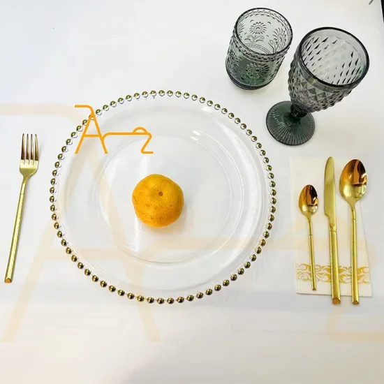 Hot Selling Wedding Decor: Elegant Silver Beaded Rim Dinner Plates with Gold Edge and Clear Round Glass Chargers