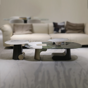 Mesa de café de lujo minimalista moderna de alta calidad con tapa de mármol verde y patas de metal