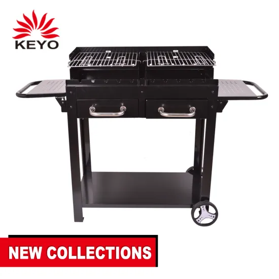 Double Zone Charcoal Grill Outdoor Adjustable Hight Charcoal Barbecue Grill With Foldable Side Table