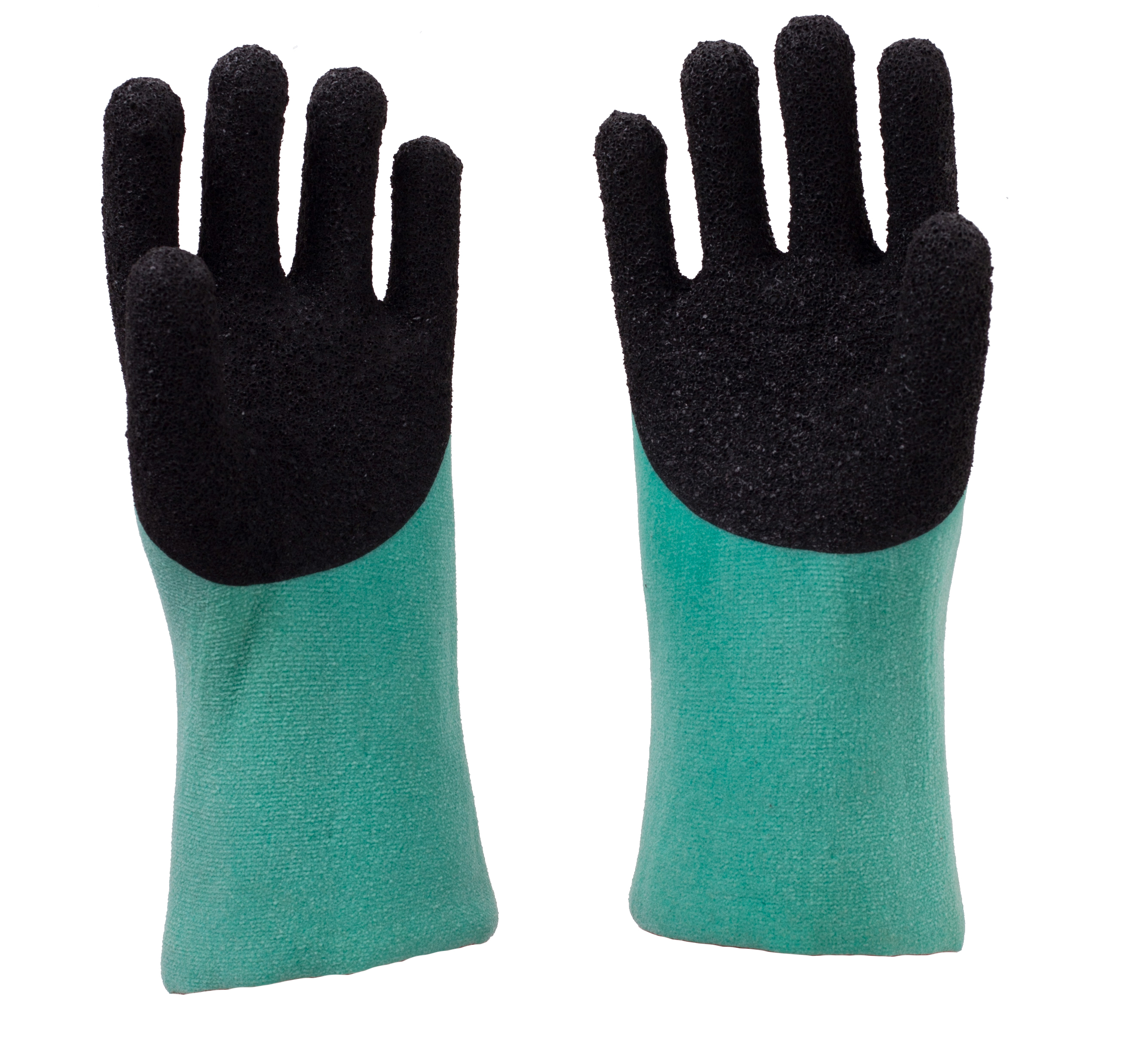 Grüne PVC-beschichtete Handschuhe schwarze Schaum-Oberfläche