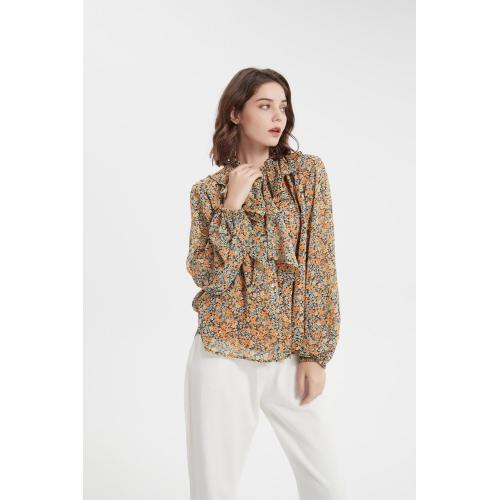 Floral Print Ruffle Stand Collar Shirt Leisure blouse