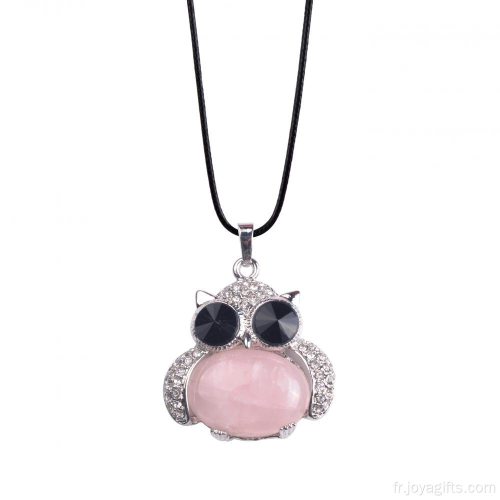 Bijoux en argent sincère Rose Quartz Pierre Hibou Alliage Pendentif Collier pour les femmes Accessoires